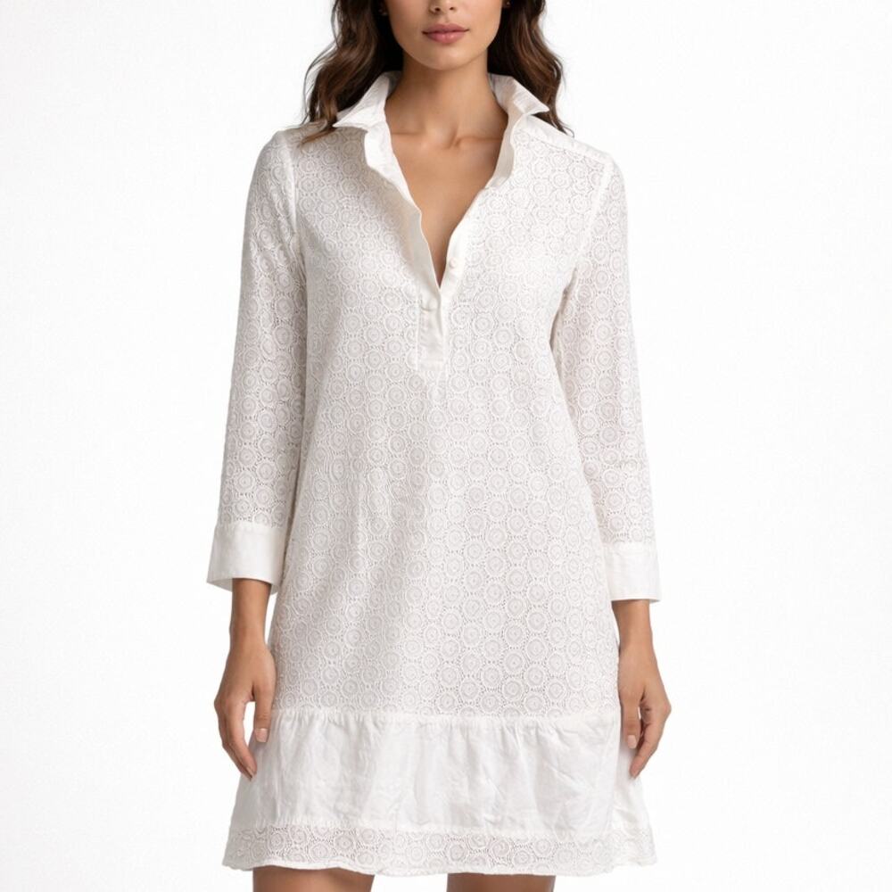 Salvatore Ferragamo Lace White Cotton Shift Dress Ruffle Popover Women's Small - Picture 1 of 6